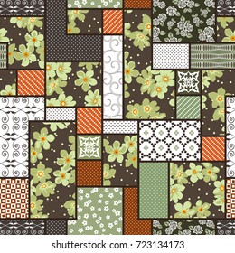 Vector abstract hand drawn seamless patchwork pattern with floral ornaments, stylized flowers, dots, plants and lace. Vintage boho style.