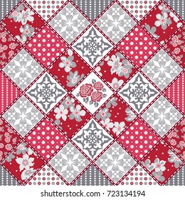 Vector abstract hand drawn seamless patchwork pattern with floral ornaments, stylized flowers, dots, plants and lace. Vintage boho style.