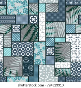 Vector abstract hand drawn seamless patchwork pattern with floral ornaments, stylized flowers, dots, plants and lace. Vintage boho style.