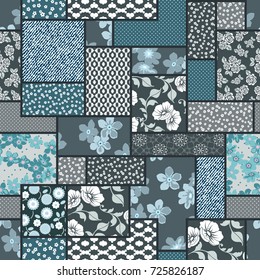 Vector abstract hand drawn seamless patchwork pattern with floral ornaments, stylized flowers, dots, plants and lace. Vintage boho style.