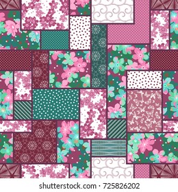 Vector abstract hand drawn seamless patchwork pattern with floral ornaments, stylized flowers, dots, plants and lace. Vintage boho style.
