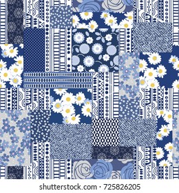 Vector abstract hand drawn seamless patchwork pattern with floral ornaments, stylized flowers, dots, plants and lace. Vintage boho style.