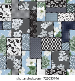 Vector abstract hand drawn seamless patchwork pattern with floral ornaments, stylized flowers, dots, plants and lace. Vintage boho style.