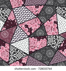 Vector abstract hand drawn seamless patchwork pattern with floral ornaments, stylized flowers, dots, plants and lace. Vintage boho style.