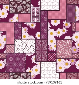 Vector abstract hand drawn seamless patchwork pattern with floral ornaments, stylized flowers, dots, plants and lace. Vintage boho style.