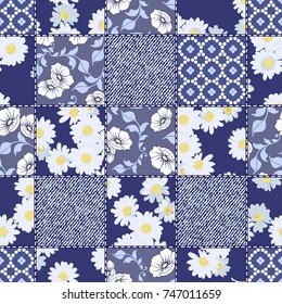 Vector abstract hand drawn seamless patchwork pattern with floral ornaments, stylized flowers, dots, plants and lace. Patchwork sewing