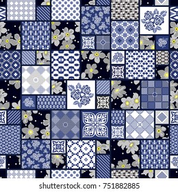 Vector abstract hand drawn seamless patchwork pattern with floral ornaments, stylized flowers, dots, plants and lace. Patchwork sewing