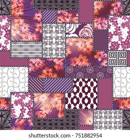 Vector abstract hand drawn seamless patchwork pattern with floral ornaments, stylized flowers, dots, plants and lace. Patchwork sewing