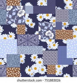 Vector abstract hand drawn seamless patchwork pattern with floral ornaments, stylized flowers, dots, plants and lace. Patchwork sewing