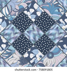 Vector abstract hand drawn seamless patchwork pattern with floral ornaments, stylized flowers, dots, plants and lace. Patchwork sewing