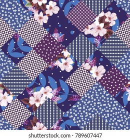 Vector abstract hand drawn seamless patchwork pattern with floral ornaments, stylized flowers, dots, plants and lace. Patchwork sewing