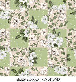 Vector abstract hand drawn seamless patchwork pattern with floral ornaments, stylized flowers, dots, plants and lace. Patchwork sewing