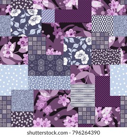 Vector abstract hand drawn seamless patchwork pattern with floral ornaments, stylized flowers, dots, plants and lace. Patchwork sewing