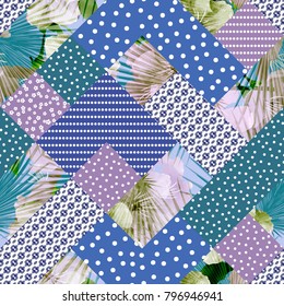 Vector abstract hand drawn seamless patchwork pattern with floral ornaments, stylized flowers, dots, plants and lace. Patchwork sewing