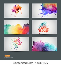 Vector abstract hand drawn set of six watercolor background,vector illustration, stain watercolors colors wet on wet paper. Watercolor composition for scrapbook elements