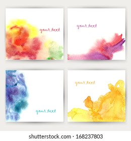Vector abstract hand drawn set of four watercolor background,vector illustration, stain watercolors colors on wet paper. Watercolor composition for scrapbook elements. Hipster theme. Design template.