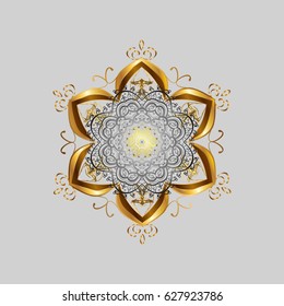 Vector with abstract hand drawn snowflake design on a gray background. Golden elements with doodles, hand painted pattern.