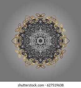 Vector with abstract hand drawn snowflakes design on a gray background. Golden elements with doodles, hand painted pattern.