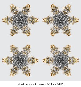 Vector with abstract hand drawn snowflakes design on a gray background. Golden elements with doodles, hand painted pattern.