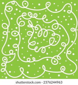 Vector abstract hand drawn texture in the form of white wavy lines and dots on a green background