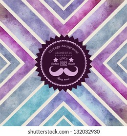 Vector Abstract Hand Drawn Watercolor Cross Background, Stain Watercolors Colors Wet On Wet Paper. Retro Backdrop With Round Label For Your Text, With Mustache Symbol.