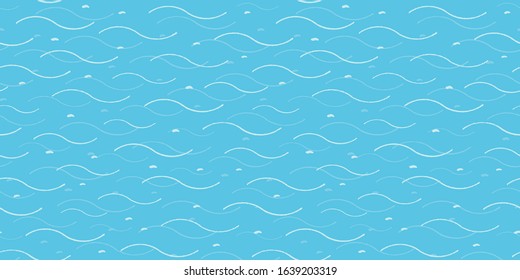 Vector abstract hand drawn wavy ocean pattern, sea and summer mood on turquoise background. Beachy costal design for your holiday. Nature background. Print, background, stationary.