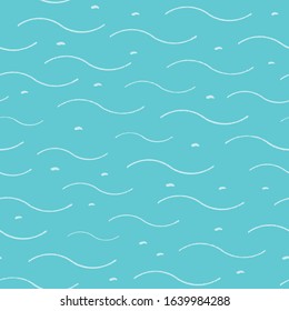 Vector abstract hand drawn wavy line pattern, sea and summer mood on turquoise background. Beachy costal design for your holiday. Nature background. Print, background, stationary.