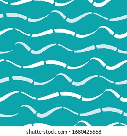 Vector abstract hand drawn white ocean wave background. Seamless linear stripe geometric pattern white turquoise backdrop. Horizontal broken wavy line all over print. For nautical, water, sea concept.