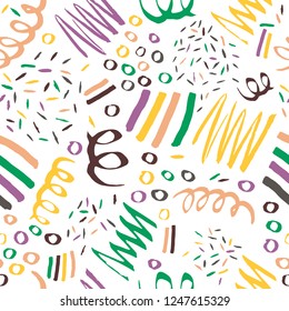 Vector abstract hand drawned eltments pattern on white background. Strokes, circles, lines, sprirals.