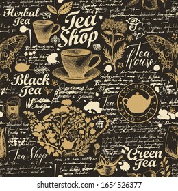 Vector abstract hand-drawn background in retro style. Seamless pattern on the tea theme with sketches, inscriptions, illegible notes, blobs. Suitable for Wallpaper, wrapping paper, fabric, textile