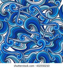 Vector abstract hand-drawn blue waves seamless pattern. Seamless pattern can be used for wallpaper, pattern fills, web page background, surface textures.