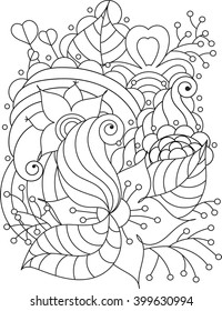 Vector abstract hand-drawn floral texture, wavy background. Colorful flowers and leaves backdrop. Pattern for coloring book. All elements aren't cropped and hidden under mask.