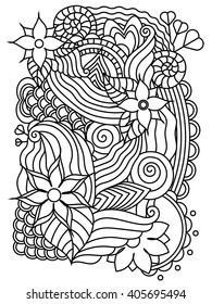 Vector abstract hand-drawn floral texture, wavy background. Colorful flowers and leaves backdrop. Pattern for coloring book. Doodle style. Zentangle style.