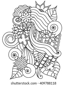 Vector abstract hand-drawn floral texture, wavy background. Colorful flowers and leaves backdrop. Pattern for coloring book. Doodle style. Zentangle style.