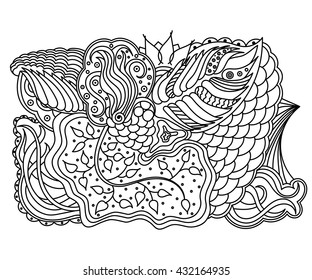 Vector abstract hand-drawn floral texture, wavy background. Flowers and leaves backdrop. Pattern for coloring book. Doodle style. Zentangle style.