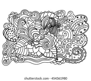 Vector abstract hand-drawn floral texture, wavy background. Flowers and leaves backdrop. Pattern for coloring book. Doodle style.