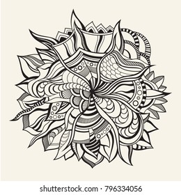 Vector abstract hand-drawn floral texture, wavy background. Leaves backdrop. Floral motifs , line art. Pattern for coloring book. Doodle style. Zentangle style. Vector illustration.