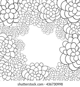 Vector abstract hand-drawn flowers frame background. Decorative hand drawn flowers nature ornamental sketchy, black and white.Page for coloring book adult and child Zentangle drawing.
