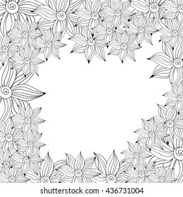 Vector abstract hand-drawn flowers frame background. Decorative hand drawn flowers nature ornamental sketchy, black and white.Page for coloring book adult and child Zentangle drawing.