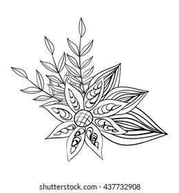 Vector abstract hand-drawn flowers texture background. Decorative hand drawn flowers nature ornamental sketchy, black and white.Page for coloring book Zentangle drawing.
