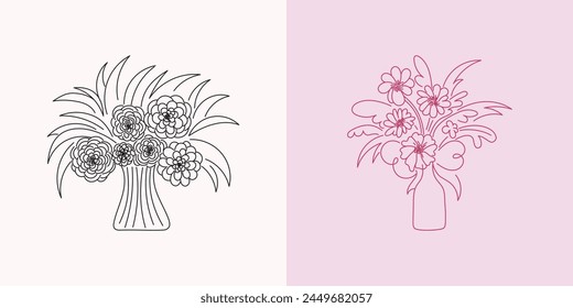 Vector abstract hand-drawn illustration in simple linear minimal style, floral decoration and frame for prints, invitations, cards