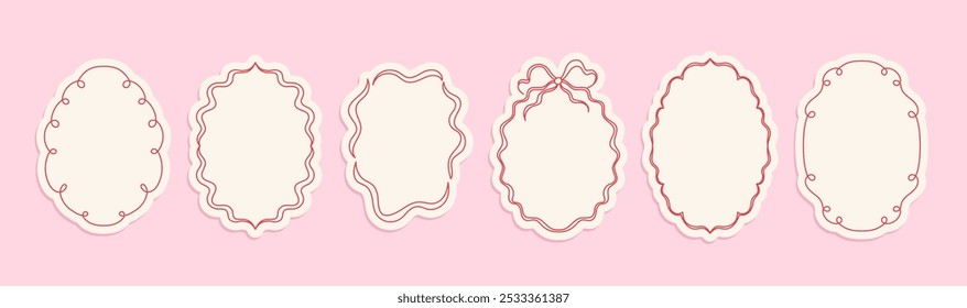Vector abstract hand-drawn illustration in simple linear minimal style, decorative frames for prints, invitations, cards with bows and ribbons