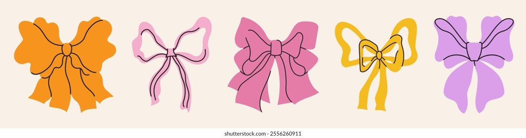 Vector abstract hand-drawn illustration in simple linear minimal style, decorative frames for prints, invitations, cards with bows and ribbons