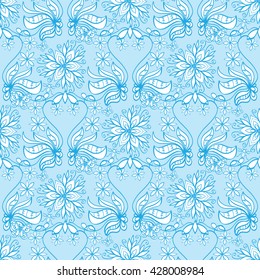 Vector abstract hand-drawn seamless pattern with flowers, leaves, butterflies. Blue.