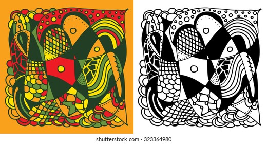 Vector abstract hand-drawn texture.  Pattern for coloring book. Ethnic, floral, retro, doodle, vector design element. Black and white background. Doodle vector background. Greeting card design