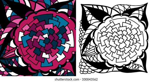 Vector abstract hand-drawn texture. Pattern for coloring book. Ethnic, floral, retro, doodle, vector design element. Black and white background. Doodle vector background. Greeting card design