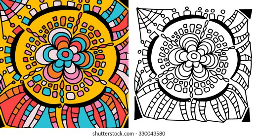 Vector abstract hand-drawn texture. Pattern for coloring book. Ethnic, floral, retro, doodle, vector design element. Black and white background. Doodle vector background. Greeting card design