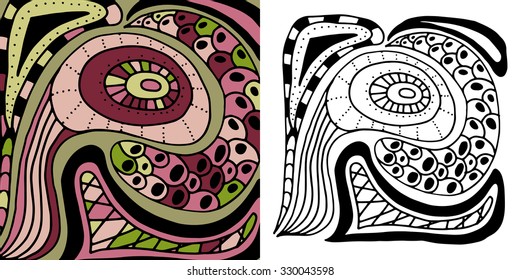 Vector abstract hand-drawn texture. Pattern for coloring book. Ethnic, floral, retro, doodle, vector design element. Black and white background. Doodle vector background. Greeting card design