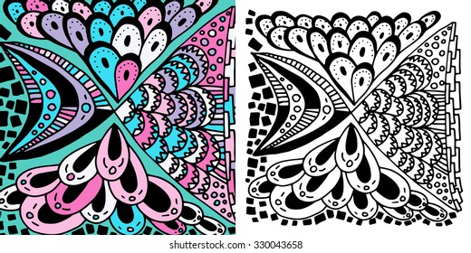 Vector abstract hand-drawn texture. Pattern for coloring book. Ethnic, floral, retro, doodle, vector design element. Black and white background. Doodle vector background. Greeting card design