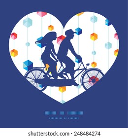 Vector abstract hanging jewels striped couple on tandem bicycle heart silhouette frame pattern greeting card template